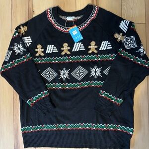 NWT Men's Black Holiday Sweater with Gingerbread Pattern